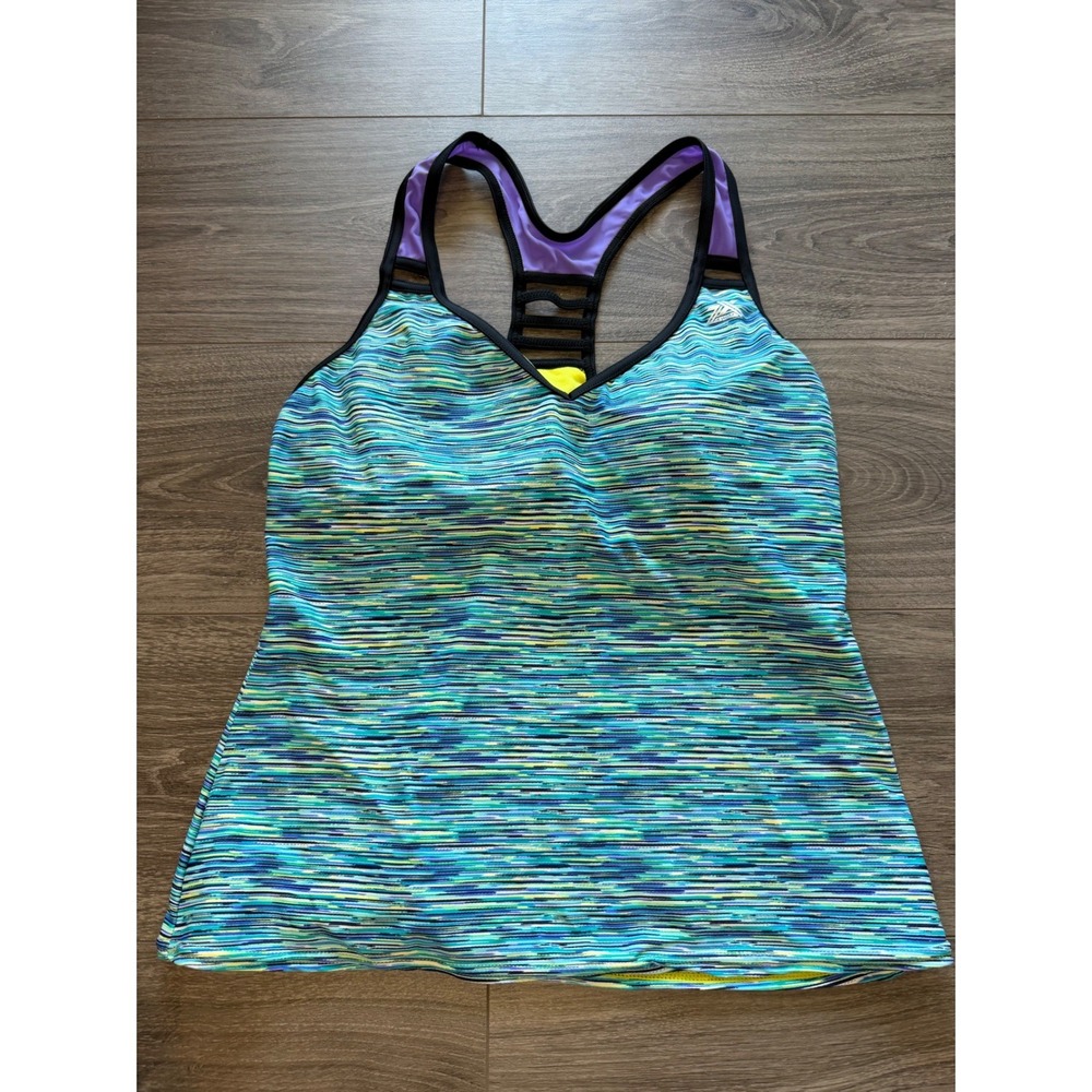 ZeroXposur Tankini Top Size 12 Neon Yellow Striped Mesh Trim Sporty Beach